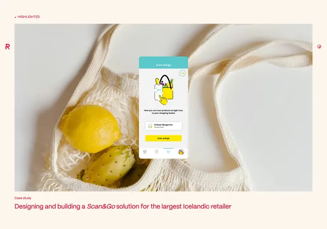 Reon featured case study with app mockup, minimal, editorial, light