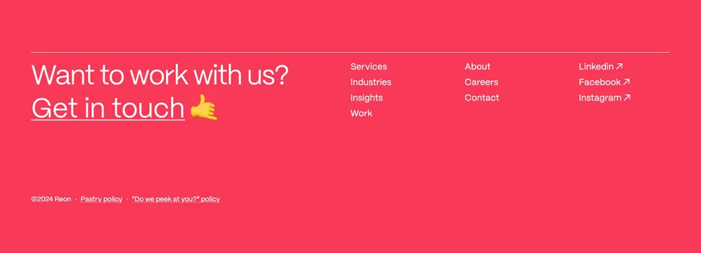 Reon playful coral footer with CTA, minimal, playful, vibrant