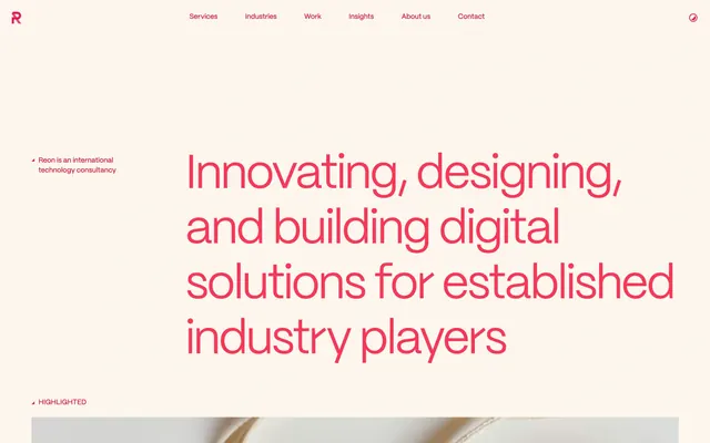 Reon editorial hero with oversized headline, minimal, editorial, light