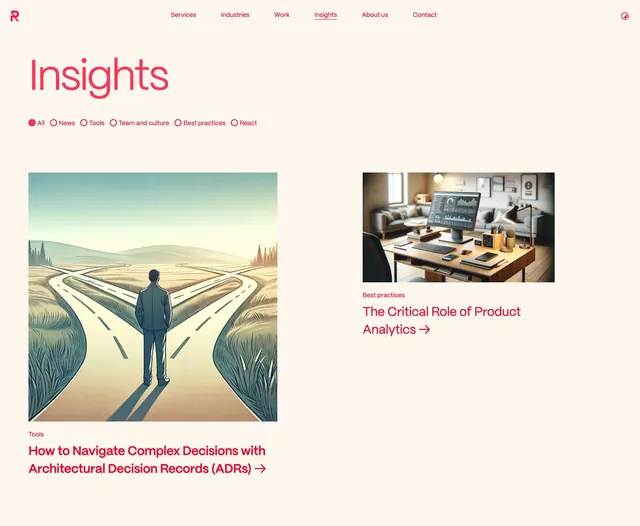 Reon insights page hero with category filter, minimal, editorial, light