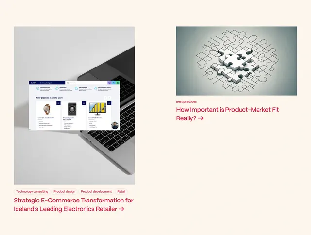 Reon service page split case study and article cards, minimal, editorial, light