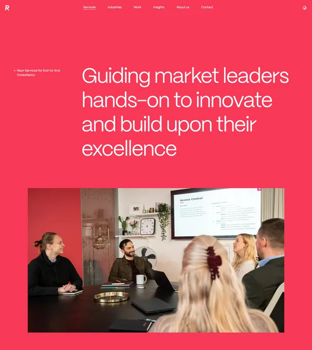 Reon services page full-bleed red hero, minimal, editorial, vibrant