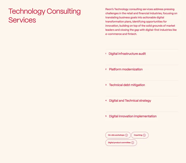 Reon technology consulting services split layout, minimal, swiss, light