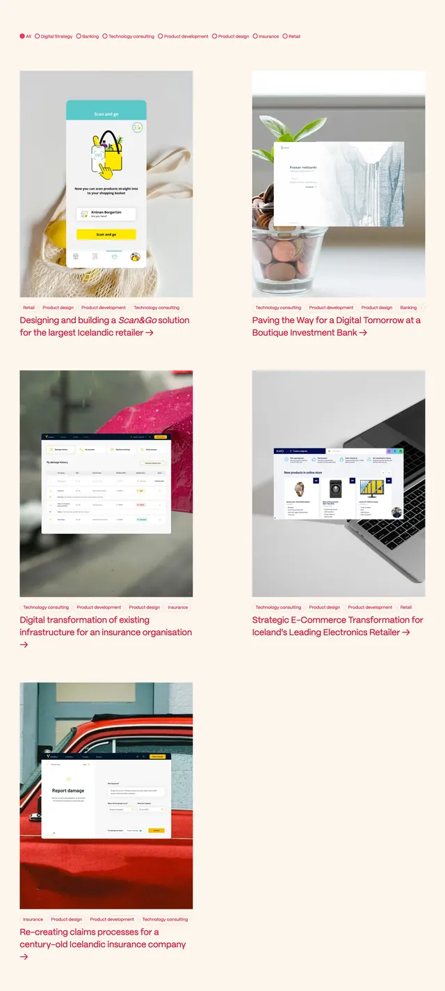 Reon work portfolio grid with category filter, minimal, editorial, light