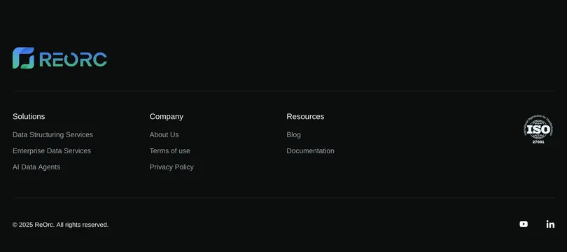 ReOrc company links footer, dark-mode, minimal, dark