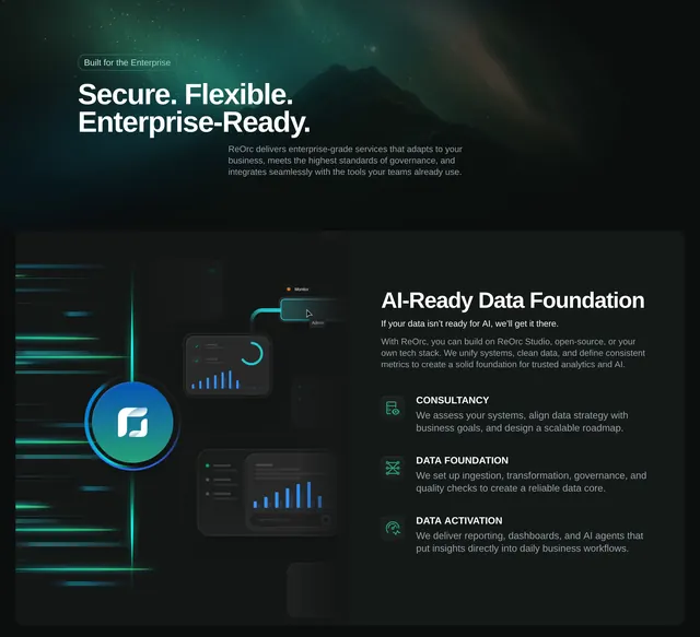 ReOrc enterprise data foundation feature, dark-mode, minimal, dark