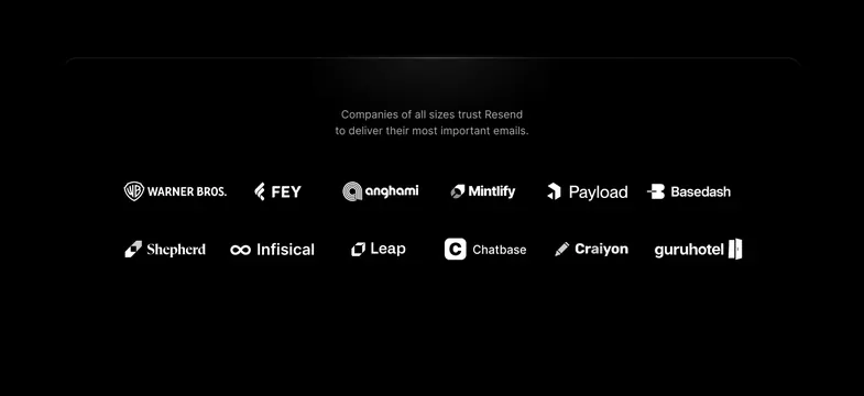 Resend customer logo grid, dark-mode, minimal, dark