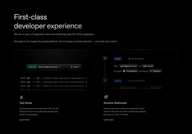 Resend developer feature cards, dark-mode, minimal, dark