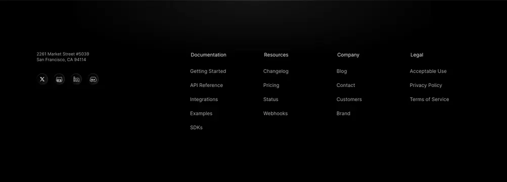 Resend multi-column footer, dark-mode, minimal, dark