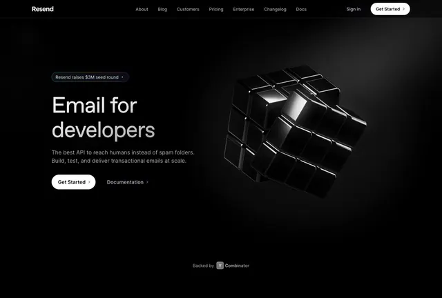 Resend developer email hero, dark-mode, minimal, dark
