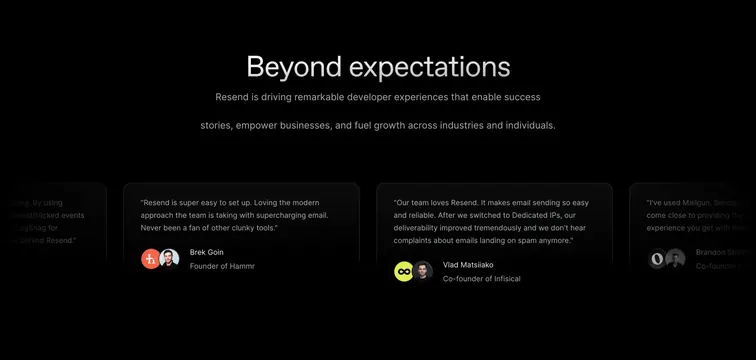 Resend dark testimonial carousel, dark-mode, minimal, dark