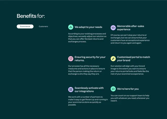 Reveni benefits grid with audience toggle, dark-mode, minimal, dark