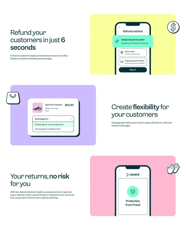 Reveni alternating value-prop rows, minimal, illustrated, light