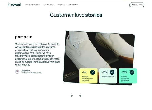 Reveni testimonial with metric cards, minimal, light-mode, light