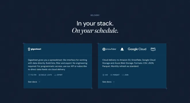 RevenueBase data delivery integration options, dark-mode, minimal, dark