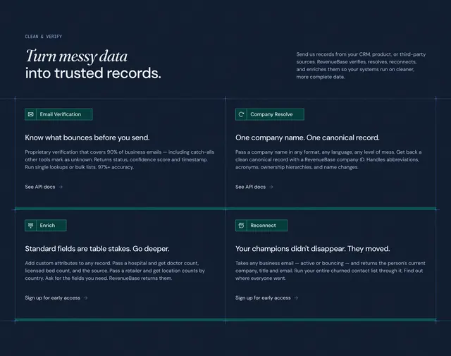 RevenueBase clean-and-verify feature grid, dark-mode, minimal, dark