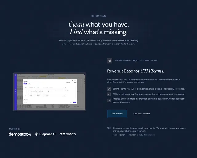 RevenueBase GTM teams value proposition, dark-mode, minimal, dark