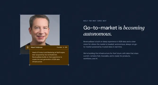 RevenueBase executive profile introduction, dark-mode, minimal, dark