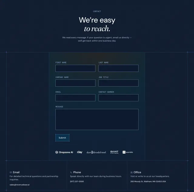 RevenueBase blueprint contact form, dark-mode, minimal, dark