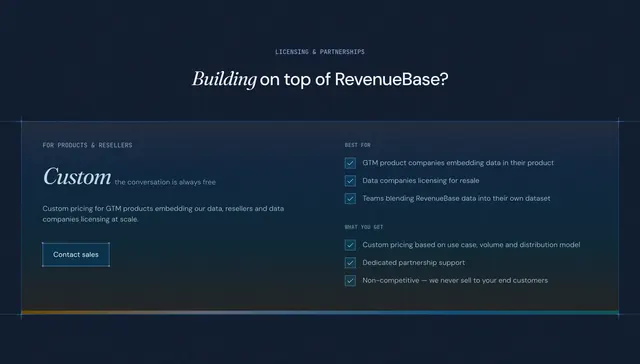RevenueBase licensing and partnerships offer, dark-mode, minimal, dark