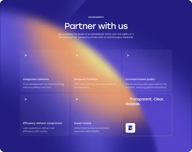 Rezonbio partner benefits glass grid, glassmorphism, gradient-heavy, dark