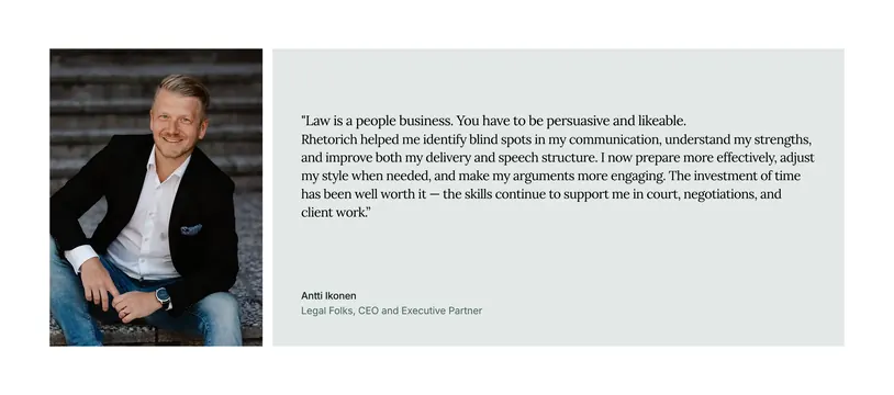 Rhetorich split featured testimonial with portrait, minimal, light-mode, light