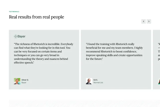 Rhetorich testimonial carousel with logo cards, minimal, light-mode, light