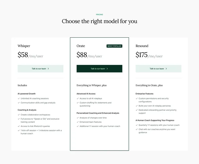 Rhetorich three-tier pricing, minimal, light-mode, light