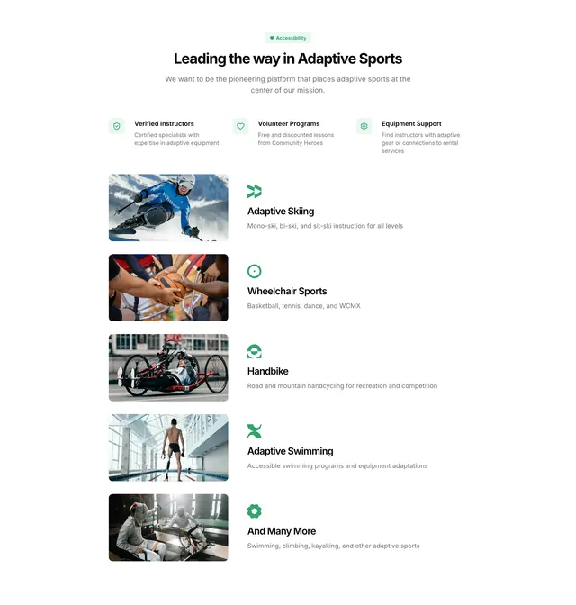 Rideaway adaptive sports feature section, minimal, light-mode, light