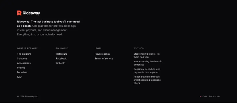 Rideaway company footer, minimal, dark-mode, dark