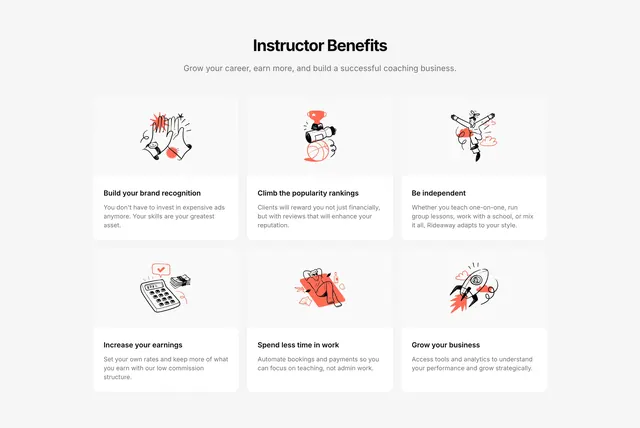 Rideaway instructor benefits grid, minimal, light-mode, light