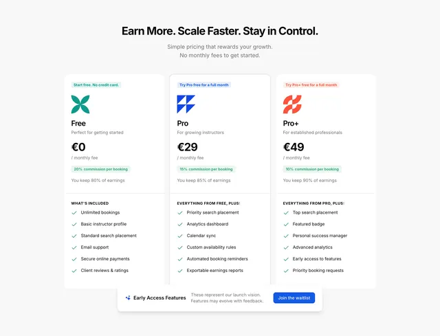 Rideaway three-tier commission pricing, minimal, light-mode, light