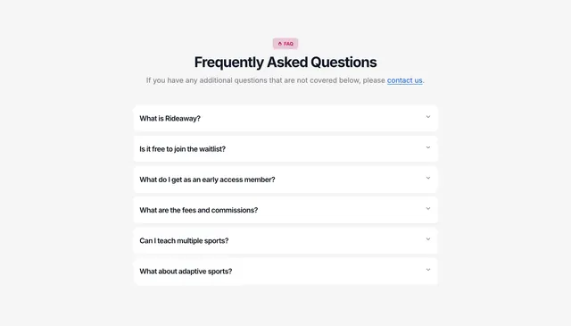 Rideaway centered FAQ accordion, minimal, light-mode, light