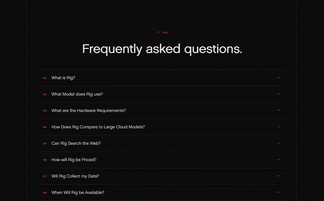 Rig accordion FAQ with numbered rows, dark-mode, minimal, dark