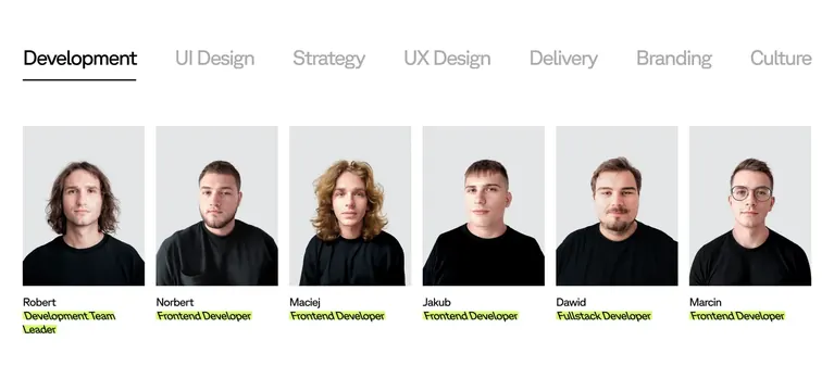 Riotters department-filtered team grid, minimal, light-mode, light
