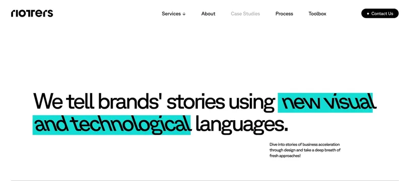 Riotters case studies page hero, minimal, light-mode, light
