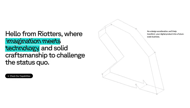 Riotters about intro with wireframe arrow, minimal, light-mode, light