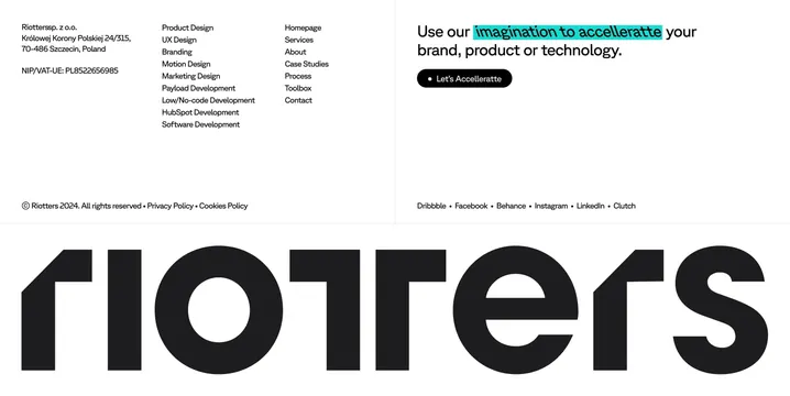 Riotters multi-column footer with mega wordmark, minimal, light-mode, light