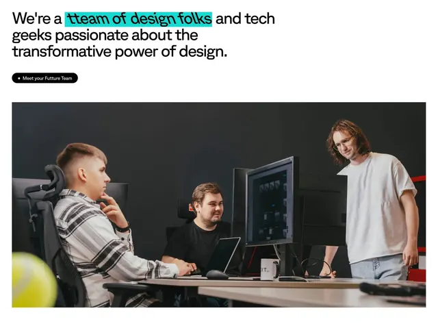 Riotters team section with candid office photo, minimal, light-mode, light