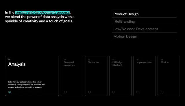 Riotters services and process steps, dark-mode, minimal, dark