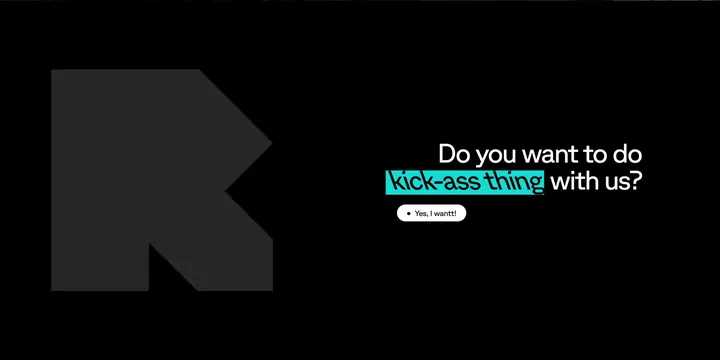 Riotters dark CTA with strikethrough highlight, dark-mode, minimal, dark