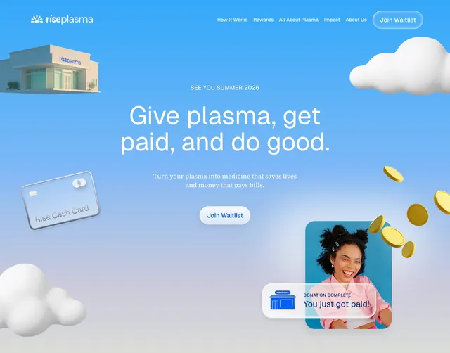 Rise Plasma donation hero with 3D rewards, minimal, 3d-render, light