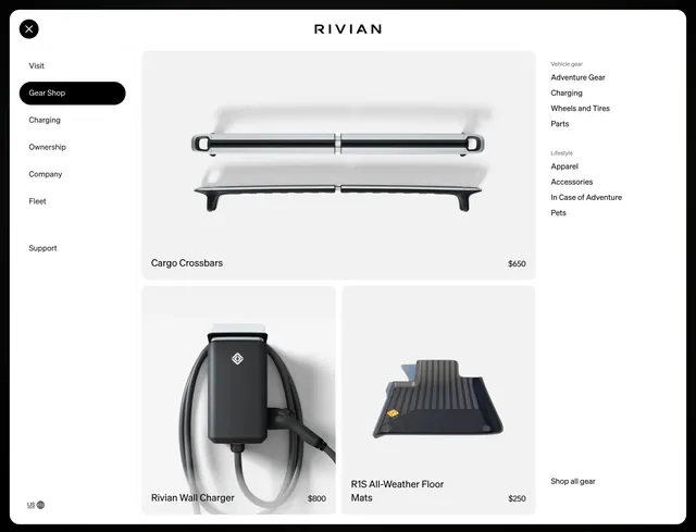 Rivian Gear Shop mega menu, minimal, light-mode, light