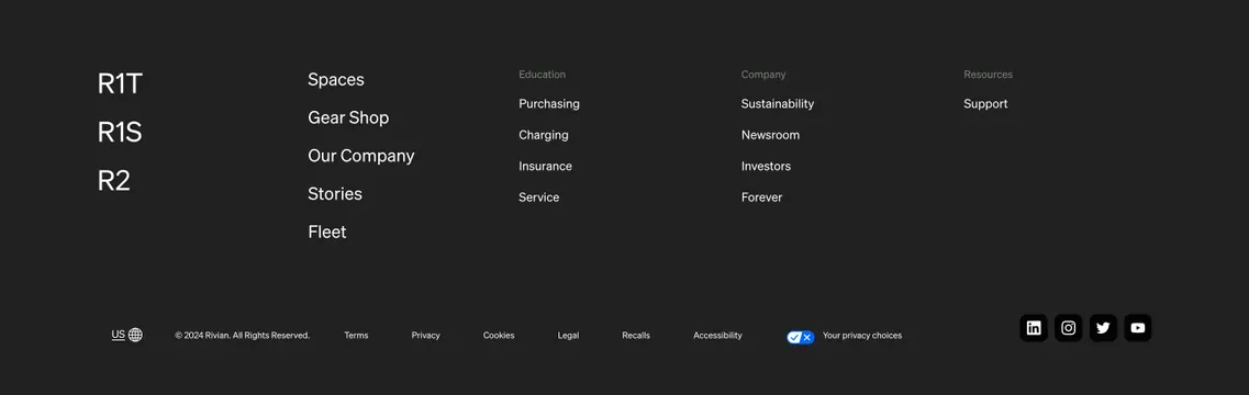 Rivian multi-column dark footer, minimal, dark-mode, dark