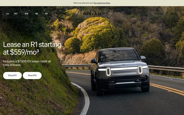 Rivian full-bleed lease hero, minimal, photographic, light