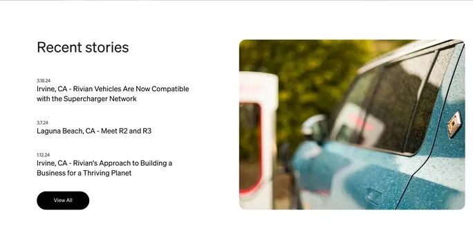 Rivian recent stories split section, minimal, light-mode, light