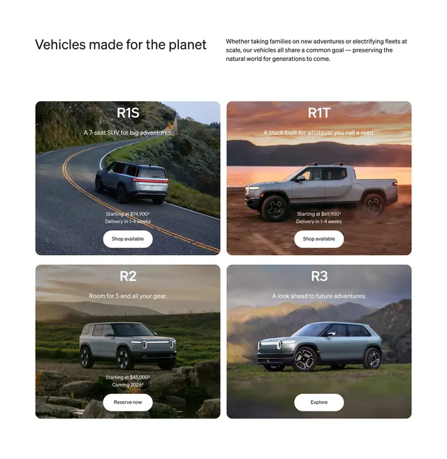Rivian vehicle lineup 2x2 grid, minimal, light-mode, light
