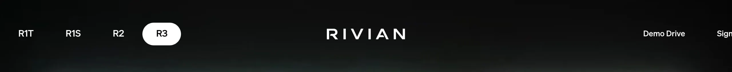 Rivian dark product navbar, minimal, dark-mode, dark