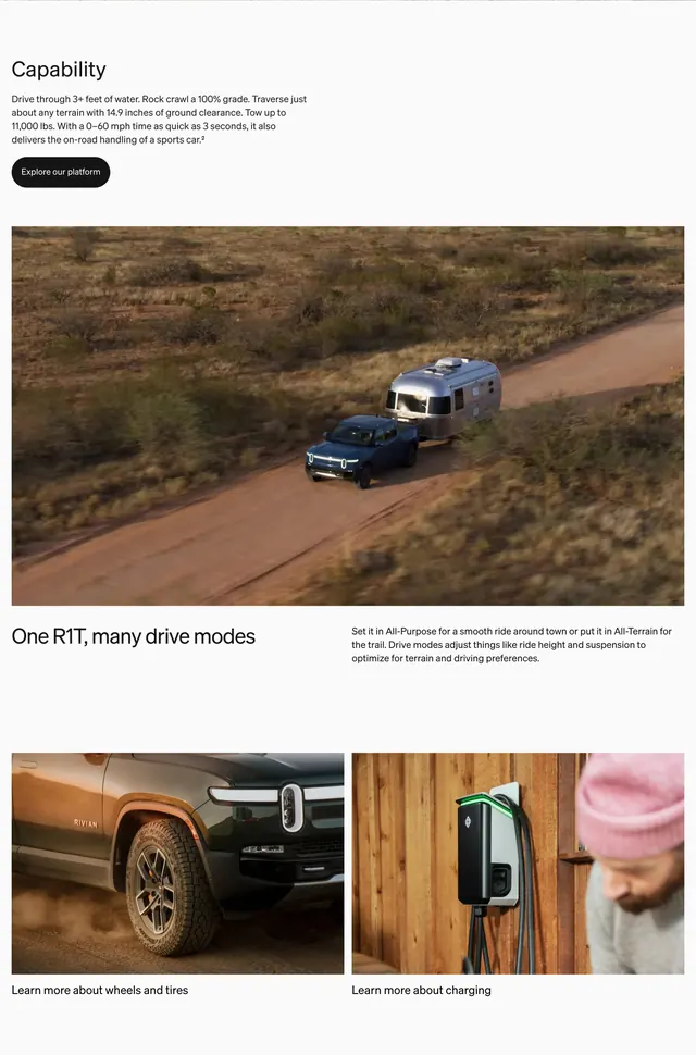 Rivian R1T capability feature section, minimal, light-mode, light