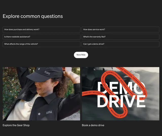 Rivian R1T FAQ and cross-sell section, minimal, dark-mode, dark